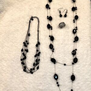 Womens Black Glass Bead Necklaces, Earrings, Silver Tone Ring